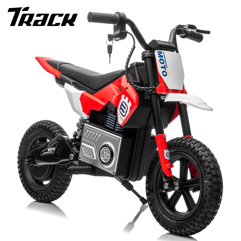 Track 7 24V Ride on Motorcycle, 200W Motocross Electric Dirt Bike with Hand Operated Brakes, Adjustable Speed, LED Lamp, Music, Max Speed 10mph, Electric Motorcycle for Kids Age 5+, Red