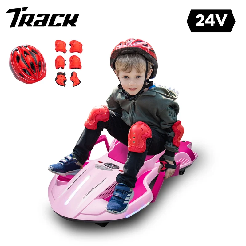 Track 7 24V Ride on Car with Helmet, Knee Pads, Gloves, Devilfish Pattern Ride on Electric Scooter with Spray Function, Gravity Steering, Music, Handrails, Max Speed 6.84 mph, Pink