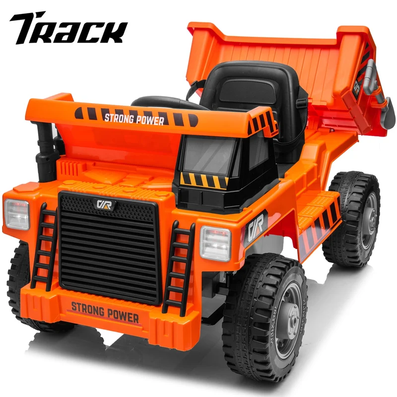 Track 7 Kids Ride on Car, 12V Ride on Dump Truck, Electric Car with Remote Control, Music, USB, Story, Electric Dump Bed and Extra Shovel, Phone stand