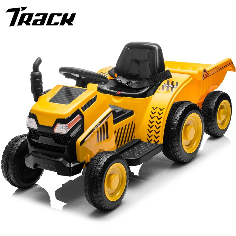 Track 7 12V Ride on Tractor, Kids Electric Tractor Black Knight with Detachable Trailer, Bluetooth, USB, 2WD, Removable storage Tug, 6-Wheel Ride on Toy Car for Boys Girls Age 3+, Yellow