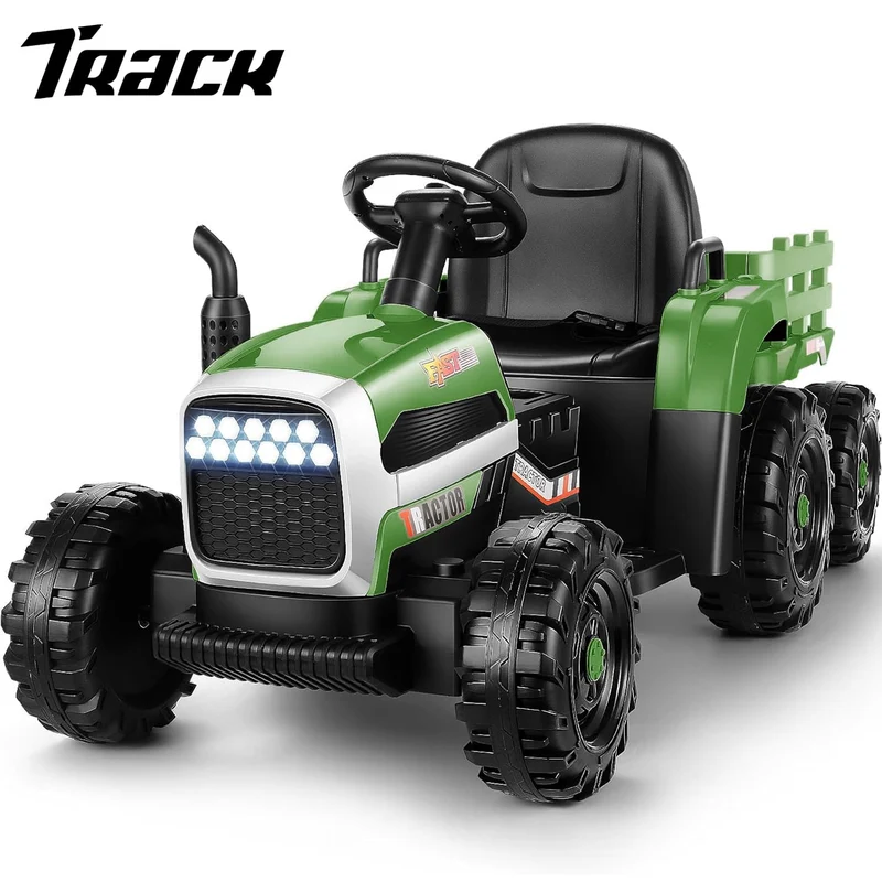 Track 7 24V Ride on Tractor with Trailer, 400W Motor, 6-Wheels Ride on Car with Remote Control, Music, Lights, 24V Electric Tractor Max Speed 4.9 mph, Green