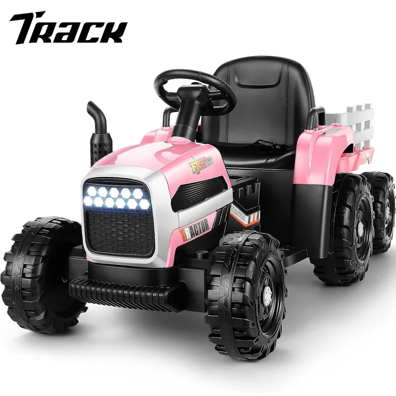 Track 7 12V Ride on Tractor with Trailer, Kids Electric Car with Remote Control, Bluetooth, MP3, LED Lights, 3-Gear-Shift Ground Loader, Ride on Car for Boys Girls, Pink