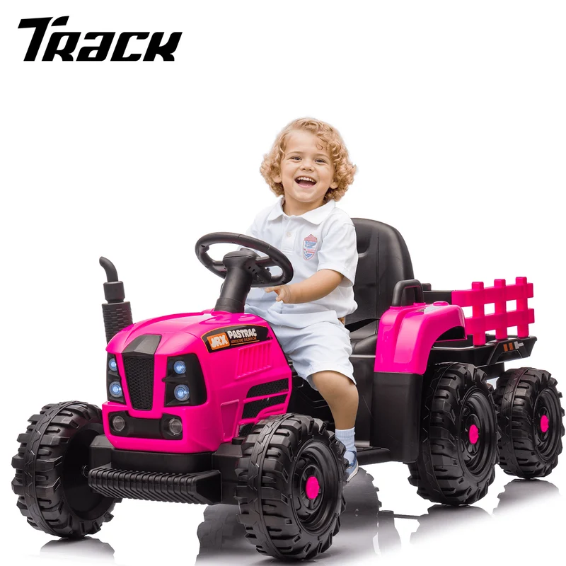 Track 7 24V Ride on Tractor, 400W Electric Tractor with Detachable Trailer, Remote Control, USB, MP3, Power Display, LED Lights, Max Speed 4.97 mph, 24V Electric Car for Boys Girls Age 3+, RoseRed