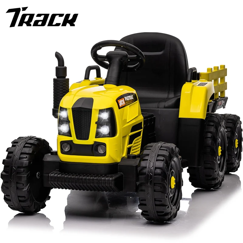 Track 7 12V Ride on Tractor with Trailer, 3-Gear-Shift Ground Loader, Kids Ride on Car with Remote Control, Bluetooth, Music, LED Lights, Electric Car for Boys Girls, Yellow