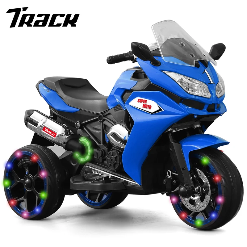 Track 7 12 V Kids Ride on Motorcycle, 3 Wheels Electric Trike Motorcycle for Boys and Girls, Light Wheels, Music, Headlights, Blue