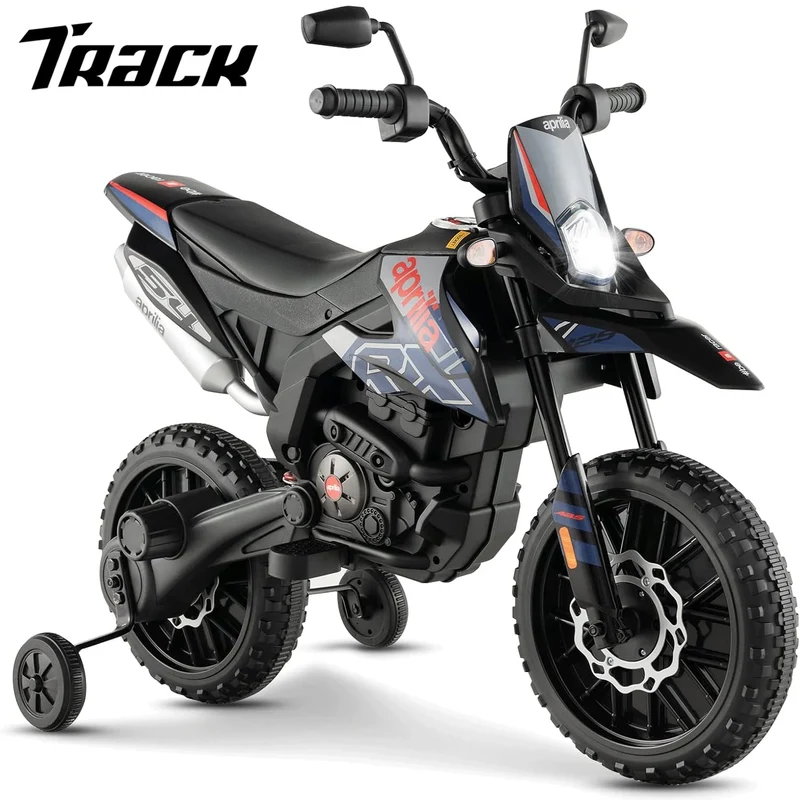 Track 7 12 V Ride on Motorcycle, Licensed Aprilia RX125 Kids Electric Motorcycle with Training Wheels, Spring Suspension, LED Lights, Music, Black