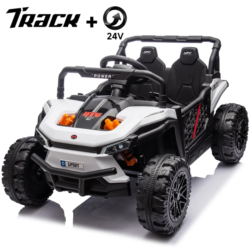 Track 7 24V Ride on UTV, Kids Ride on Car with Remote Control, Off-Road Electric UTV, 20" Large Seat, Bluetooth, LED Lights, Rear Storage, Early Education, Electric Car for Kids Age 3+, White
