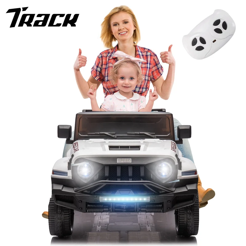 Track 7 24V Ride on Car, 4WD Electric Car for Boys Girls Age 3+, 6 Wheels Ride on Car with Remote Control, Music, Lights, Rocking Mode, Storage Box, White