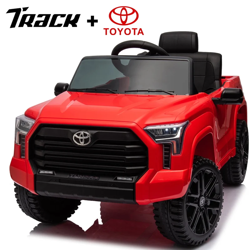 Track 7 Kids Ride on Car, 12V Licensed Toyota Tundra Pickup Electric Car with Remote Control, Music, LED Lights, Toyota Electric Vehicle Toy, Red