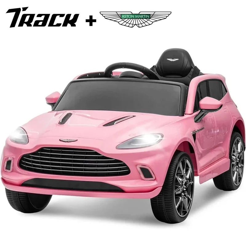 Track 7 12V Kids Ride on Car, Licensed Aston Martin Electric Car for Boys Girls Age 3+, Remote Control, Music, USB, Portable Handle, Pink