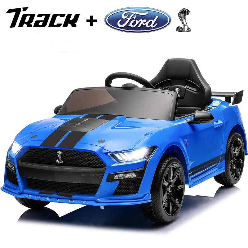 Track 7 12V Ride on Car, Licensed Ford Mustang Shelby GT500 Ride on Car with Remote Control, LED Lights, Music & Bluetooth, Electric Car for Boys Gilrs Age3+, Blue