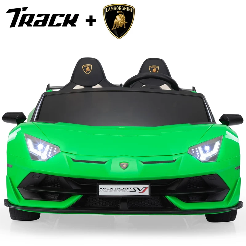 Track 7 24V Ride on Car, Licensed Lamborghini Drifting Car, 2-Seater Electric Car with Remote Control, MP3, LED Lights, PU Seat, Portable Handle, Green