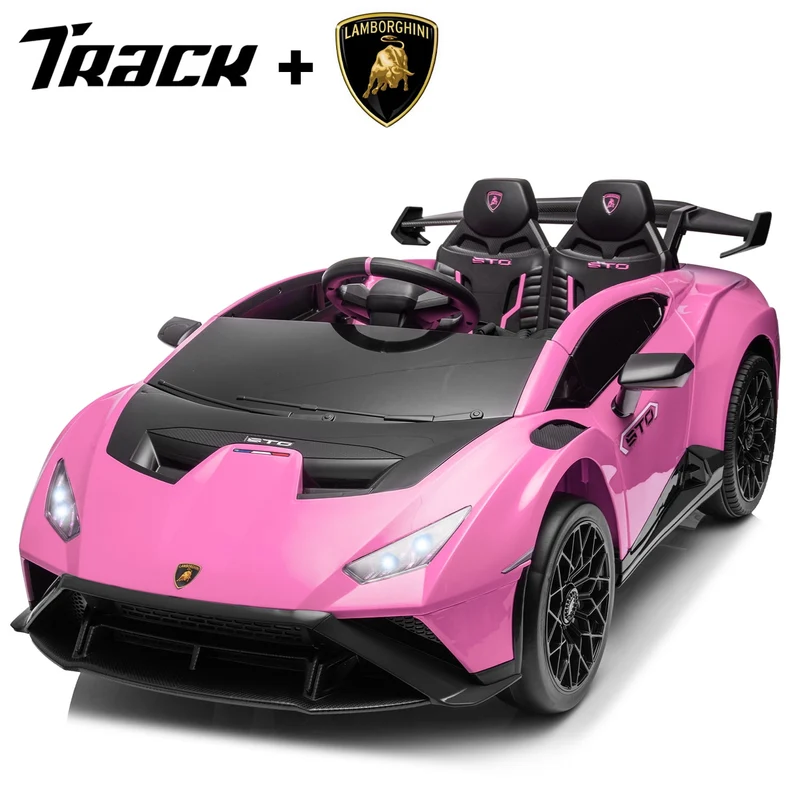 Track 7 24V Kids Ride on Car, Licensed Lamborghini STO Electric Car for Boys Girls, 2-Seater Ride on Drift Car with Remote Control, Music, 360° Spin, Max Speed 6mph, Pink
