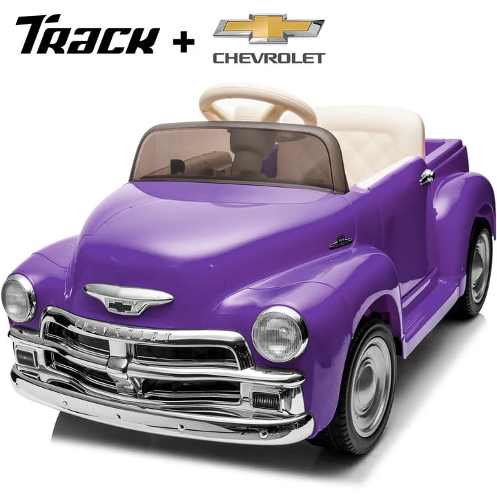 Track 7 12V Ride on Car, Licensed Chevrolet 3100 Pickup Electric Car for Boys Girls, LED Lights, Bluetooth, USB, Storage Space, Remote Control, Ride on Toy Vehicle, Purple