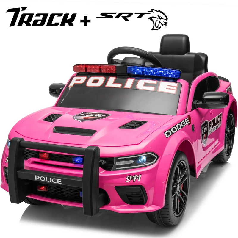 Track 7 Licensed Dodge Charger SRT Ride on Car, 12V Kids Ride on Police Car with Remote Control, Music, Alarm Lights, Megaphone, Electric Car for Kids Age 3+, Pink