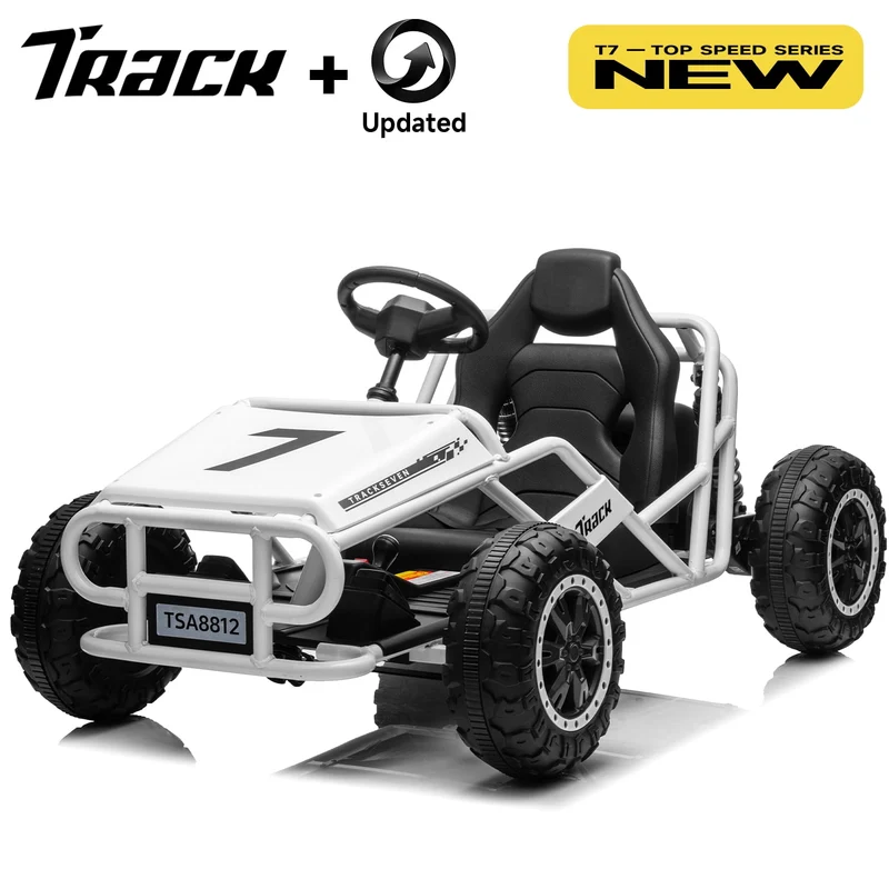 Track 7 24V Electric Go Kart, Racing Go Kart, Independent Electronic Brake Foot Pedal, Durable Full Steel Frame, 7 Mph Max Speed Electric Go Kart, 24V Outdoor Ride On Car for Kids Age 6+, White