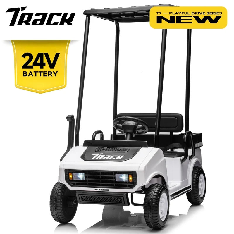 Track Seven 24V Ride on Car, Electric Golf Cart with Ceiling, Ride on Truck with Remote Control, Music, Rear Storage Box, Electric Car for Boys Girls Age 3+, 18.5" Large Seat with Armrests, White