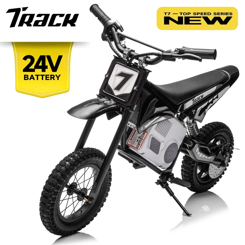 Track Seven 24V Electric Dirt Bike, 350W Ride on Motorcycle with Twist Grip Throttle, Hand-Operated Dual Brakes, Speed Up to 10 MPH, for Age 8-12, Black