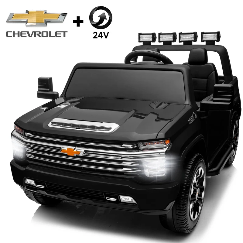 Track 7 24V Ride on Car, Licensed Silverado HD 2 Seater Electric Car for Boys Girls Age 3+, 24V Ride on Truck w/Remote Control, Music, ABC, Black