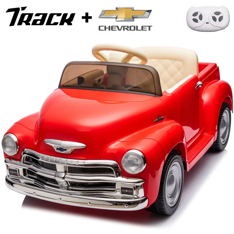 Track 7 12V Ride on Car, Licensed Chevrolet 3100 Pickup Electric Car for Boys Girls, LED Lights, Bluetooth, USB, Storage Space, Remote Control, Ride on Toy Vehicle, Red