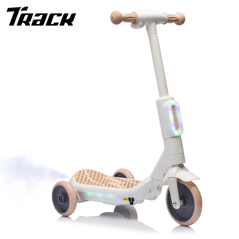 Track Seven Electric Scooter for Kids, 3 Wheels Kids Kick Scooter with Spray, LED Lights, PU Wheels, Wide Pedal, Music, Independent Light Switch, 6V Scooter for Boys Girls Toddlers Ages 3-6, White