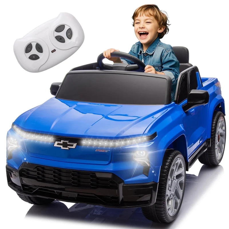 Track Seven 24V Ride on Car, Licensed Chevrolet Silverado Electric Car Truck with Remote Control, Bluetooth, LED Lights, Power Display, Rear Storage Ride on Toy Car for Boys Girls Age 3+, Blue