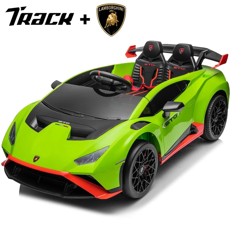 Track Seven 24V Kids Ride on Car, Licensed Lamborghini STO Electric Car for Boys Girls, 2-Seater Ride on Drift Car with Remote Control, Music, 360° Spin, Max Speed 6mph, Green