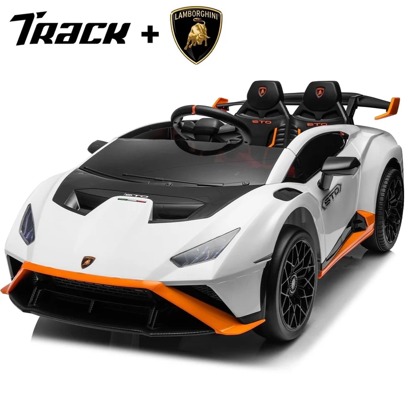 Track Seven 24V Kids Ride on Car, Licensed Lamborghini STO Electric Car for Boys Girls, 2-Seater Ride on Drift Car with Remote Control, Music, 360° Spin, Max Speed 6mph, White