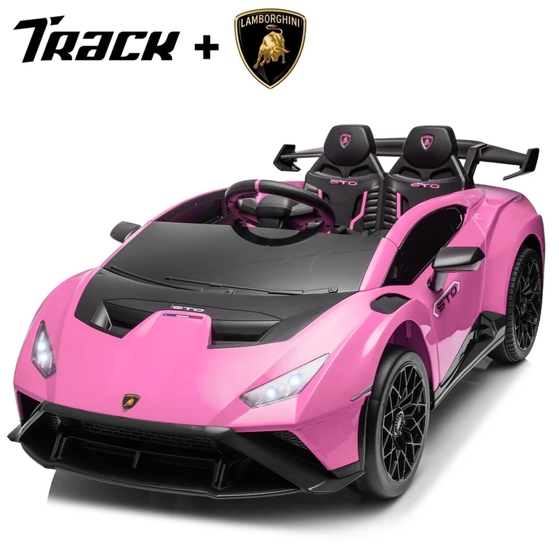Track Seven 24V Kids Ride on Car, Licensed Lamborghini STO Electric Car for Boys Girls, 2-Seater Ride on Drift Car with Remote Control, Music, 360° Spin, Max Speed 6mph, Pink