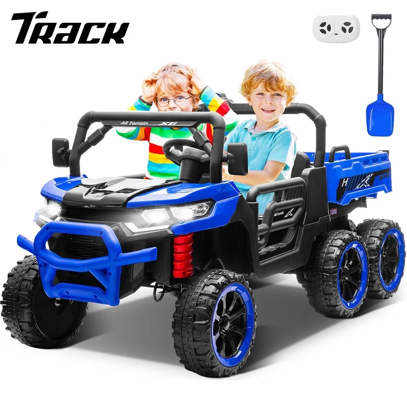 Track Seven 24V 2-Seater Ride on Dump Truck, 4WD 6-Wheel Kids Ride on Car w/Remote Control, Electric Dump Bed, Toy Shovel, Music, Max Speed 5 mph, 21" Large Seat, Ride on Toy for Kids Age 3+, Blue