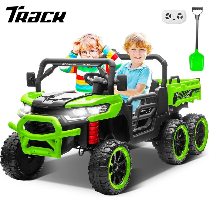 Track Seven 24V 2-Seater Ride on Dump Truck, 4WD 6-Wheel Kids Ride on Car w/Remote Control, Electric Dump Bed, Toy Shovel, Music, Max Speed 5 mph, 21" Large Seat, Ride on Toy for Kids Age 3+, Green