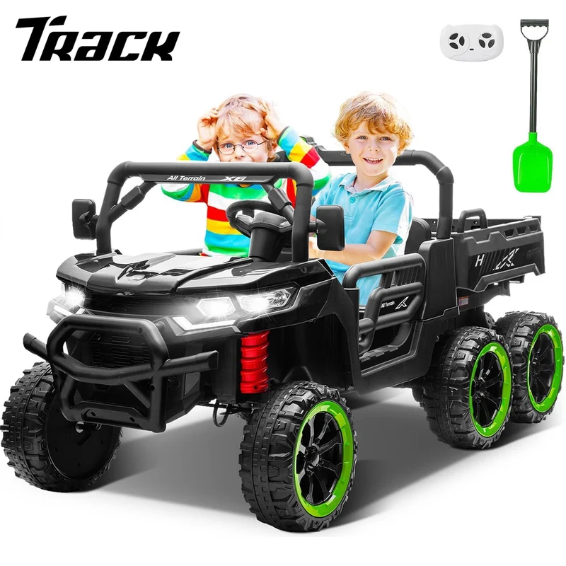 Track Seven 24V 2-Seater Ride on Dump Truck, 4WD 6-Wheel Kids Ride on Car w/Remote Control, Electric Dump Bed, Toy Shovel, Music, Max Speed 5 mph, 21" Large Seat, Ride on Toy for Kids Age 3+, Black