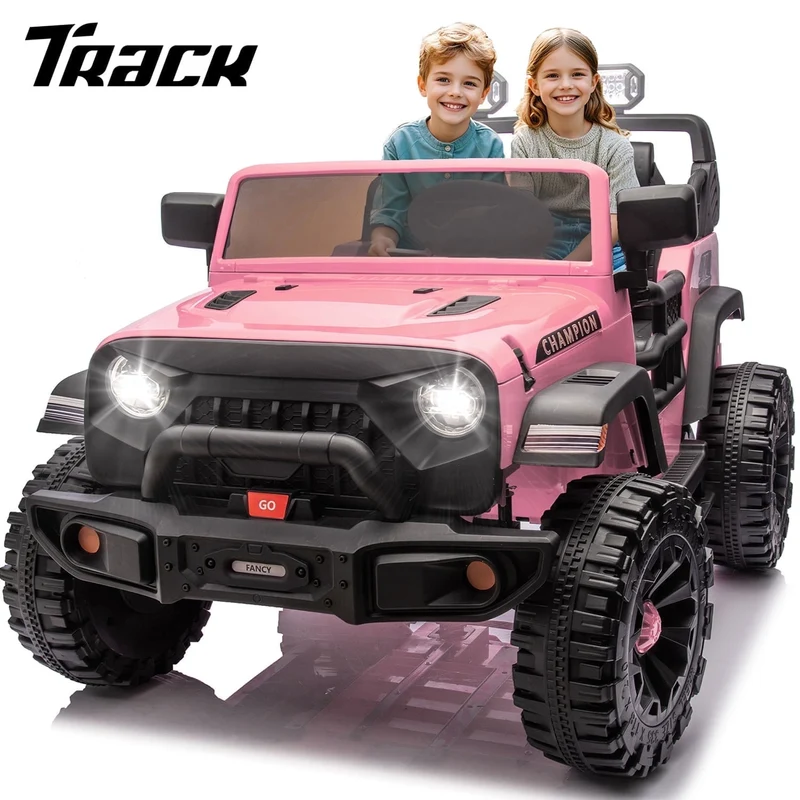 Track Seven 24V Ride on Truck, 2 Seater Ride On Toy Car for Big Kids, 19.7" Large Wide Seat, 4WD Electric Truck Car with Music, Bluetooth, Light and Searchlight, Max Speed 4.35 mph, Pink