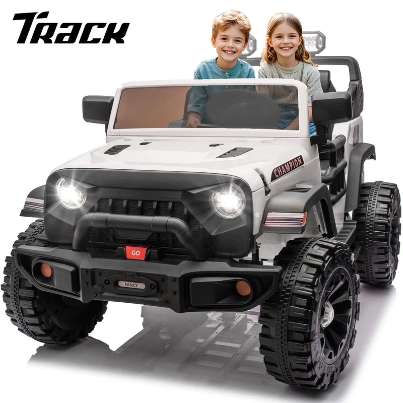 Track Seven 24V Ride on Truck, 2 Seater Ride On Toy Car for Big Kids, 19.7" Large Wide Seat, 4WD Electric Truck Car with Music, Bluetooth, Light and Searchlight, Max Speed 4.35 mph, White
