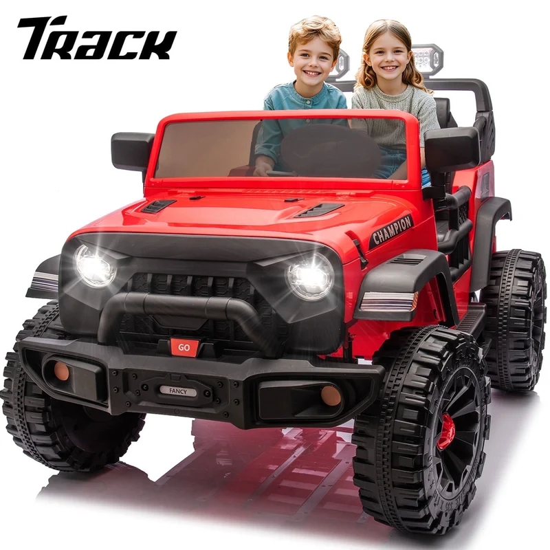 Track Seven 24V Ride on Truck, 2 Seater Ride On Toy Car for Big Kids, 19.7" Large Wide Seat, 4WD Electric Truck Car with Music, Bluetooth, Light and Searchlight, Max Speed 4.35 mph, Red