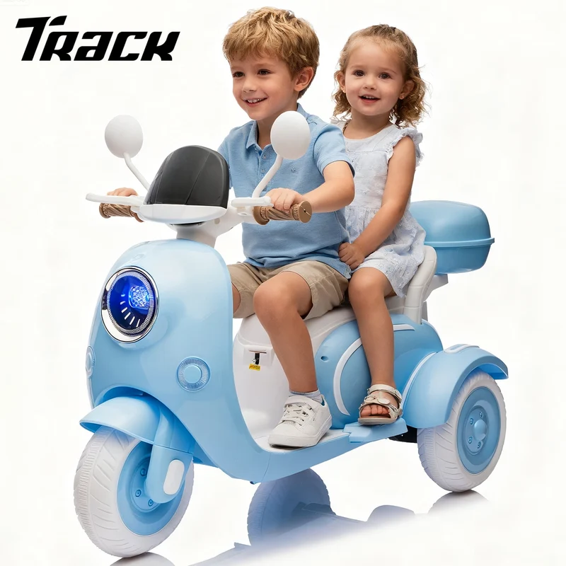 Track Seven 12V Ride on Motorcycle, 2-Seater Electric Motorcycle with Dual Motor, 3 Wheels Motorbike with Bluetooth, LED Lights, Storage Box, Front Hook, Ride on Toy Car for Boys Girls Aged 3+, Blue