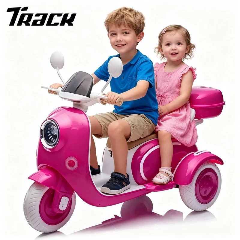 Track Seven 12V Ride on Motorcycle, 2-Seater Electric Motorcycle with Dual Motor, 3 Wheels Motorbike with Bluetooth, LED Lights, Storage Box, Front Hook, Ride on Toy Car for Boys Girls Aged 3+, Rose