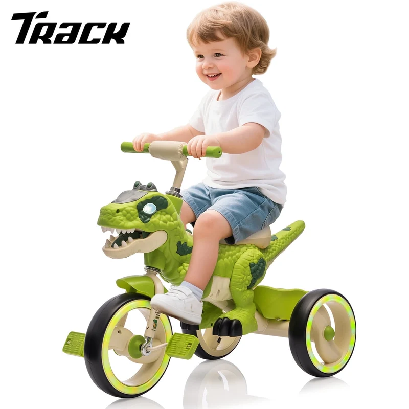 Track Seven Dinosaur Kids Tricycle for Rider, Toddlers Trike Bike with Music, LED Lights, Storage Basket, 360 ° Swivel Steering, Preschool Daycare Kids Bike for Boys Girls 2+ Years, Green