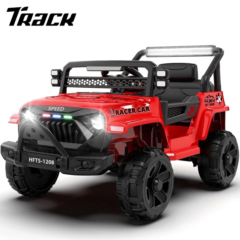 Track Seven 12V Ride on Truck for Kids, 12V Kids Electric Car w/Remote Control, USB, Bluetooth, Microphone Jack, Power Display, Lights, Battery Powered Ride on Car for Boys Girls, Red