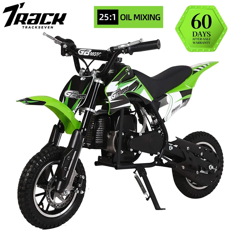 Track 7 49CC 2-Stroke Kids Dirt Bike, Off Road Gas Motorcycle, Up to 20Mph, Gas Dirt Bike w/Rear Suspension, Pull Start, Front & Rear Disc Brake, Green