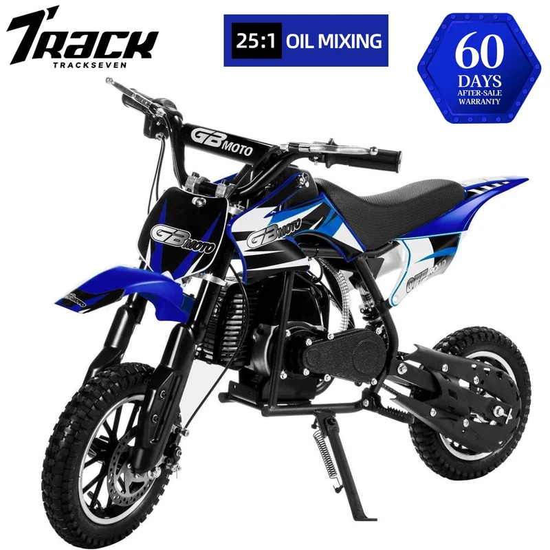 Track 7 49CC 2-Stroke Kids Dirt Bike, Off Road Gas Motorcycle, Up to 20Mph, Gas Dirt Bike w/Rear Suspension, Pull Start, Front & Rear Disc Brake, Blue