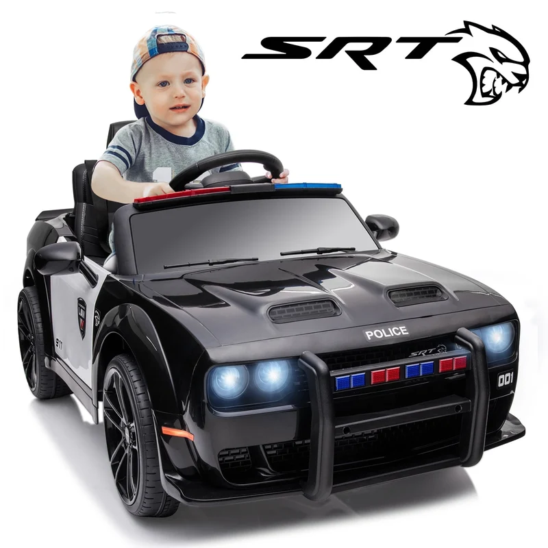 Track 7 Kids Ride on Police Car, Licensed Dodge Challenger SRT 12V Electric Car for Kids Age 3+, Remote Control, Music