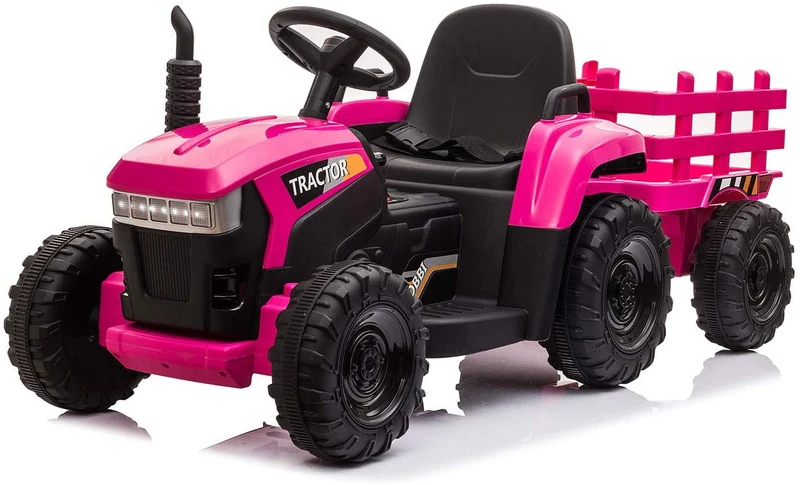 LISUEYNE 12V Ride on Tractor with Trailer, Electric Car with Music, USB, LED Lights, Ride on Car for Kids Age 3-6 Years, Max Speed 5mph, Rose Red