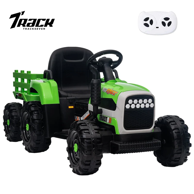 Track 7 12V Ride on Tractor with Trailer, Kids Electric Car with Remote Control, Bluetooth, MP3, LED Lights, 3-Gear-Shift Ground Loader, Ride on Car for Boys Girls, Light Green