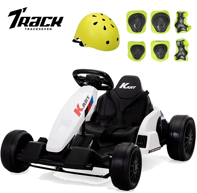 Track 7 24V Electric Drifting Go Kart for Kids,Max Speed Up to 8mph,Music,Safety Belt,Helmet,Knee Pads,Elbow Pads,Palm Pads.Electric Ride on Car,Racing Drift Kart for Kids Age 3+,White