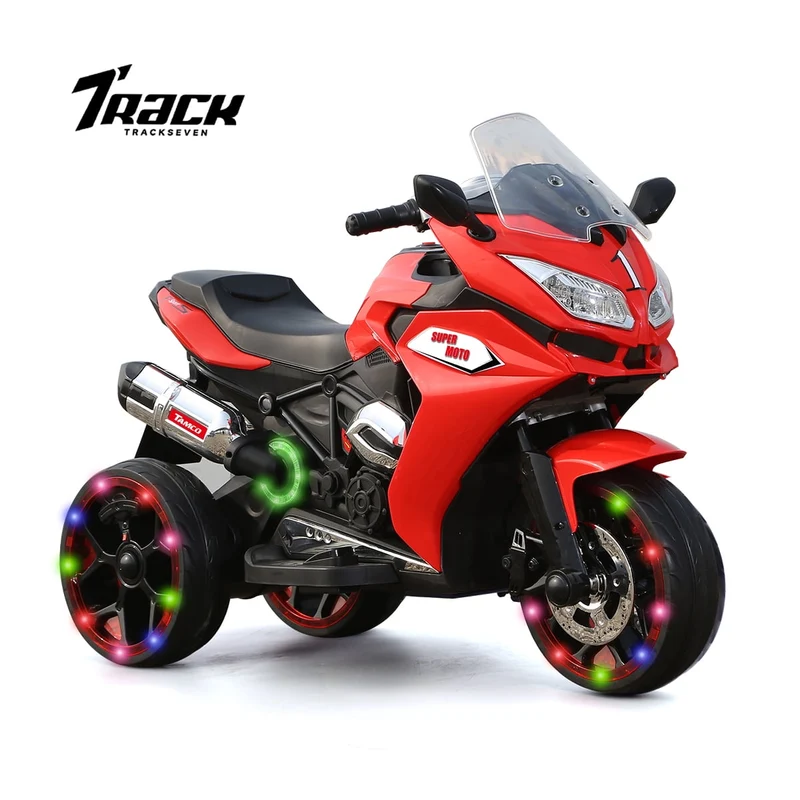 Track 7 12 V Kids Ride on Motorcycle, 3 Wheels Electric Trike Motorcycle for Boys and Girls, Light Wheels, Music, Headlights, Red