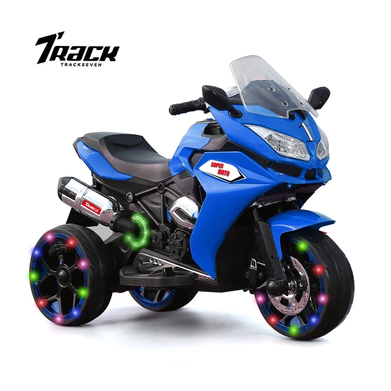 Track 7 12 V Kids Ride on Motorcycle, 3 Wheels Electric Trike Motorcycle for Boys and Girls, Light Wheels, Music, Headlights, Blue