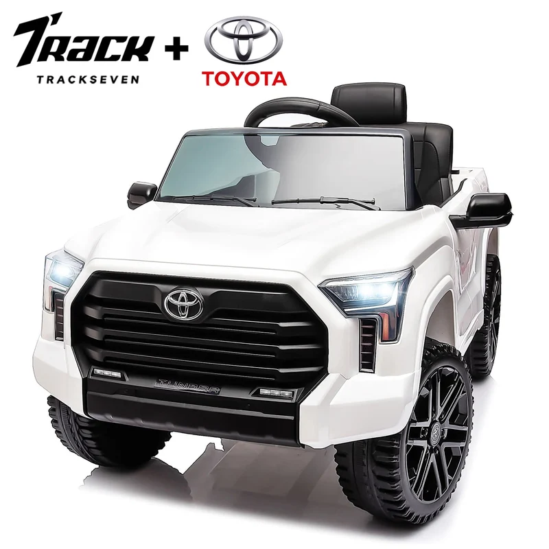 Track 7 Kids Ride on Car, 12V Licensed Toyota Tundra Pickup Electric Car with Remote Control, Music, LED Lights, Toyota Electric Vehicle Toy, White