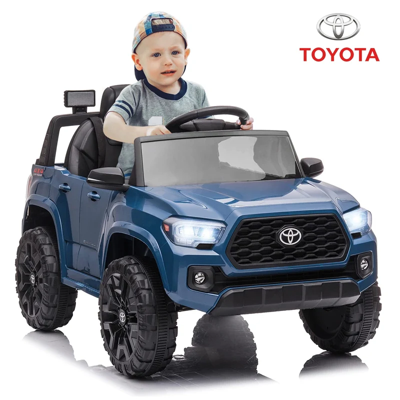Track 7 Ride on Car with Remote Control, 12V Toyota Tacoma Electric Car for Boys Girls Age 3+, AUX/FM/USB, Storage Truck, Blue
