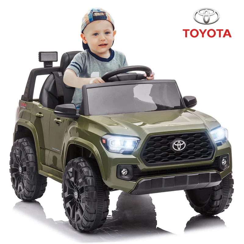 Track 7 Ride on Car with Remote Control, 12V Toyota Tacoma Electric Car for Boys Girls Age 3+, AUX/FM/USB, Storage Truck, Green